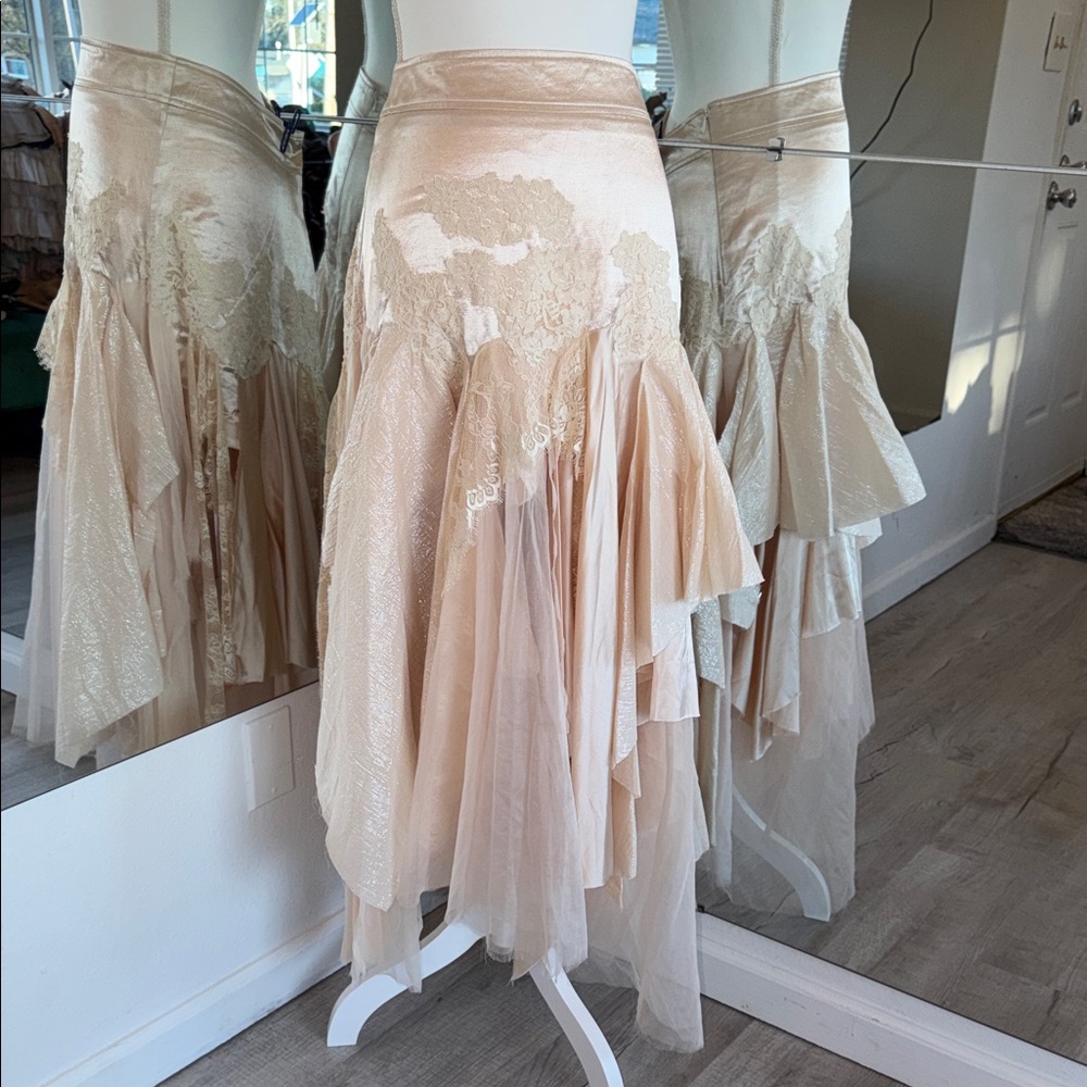 Free People Champagne Lace-Trim Asymmetrical Satin Dress - Picture 9 of 15